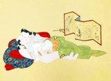 Shunga (春画) or 'Spring Pictures' is a Japanese term for erotic art. Most shunga are a type of ukiyo-e, usually executed in woodblock print format. While rare, there are extant erotic painted handscrolls which predate the Ukiyo-e movement. Translated literally, the Japanese word shunga means picture of spring; 'spring' is a common euphemism for sex.<br/><br/>

The ukiyo-e movement as a whole sought to express an idealisation of contemporary urban life and appeal to the new chonin class. Following the aesthetics of everyday life, Edo period shunga varied widely in its depictions of sexuality. As a subset of ukiyo-e it was enjoyed by all social groups in the Edo period, despite being out of favour with the shogunate. Almost all ukiyo-e artists made shunga at some point in their careers, and it did not detract from their prestige as artists. Classifying shunga as a kind of medieval pornography can be misleading in this respect.